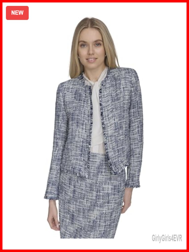 Open Front Tweed Blazer Suit Jacket - 100% Synthetic, Long Sleeve, Notch Collar